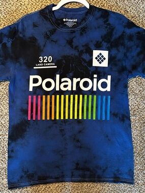 Polaroid Blue Tie-Dye Logo Tee with Rainbow Stripes